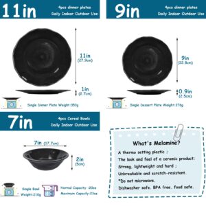 Gofunfun 12 Pcs Melamine Dinnerware Set, Plates and Bowls Sets Service for 4, Indoor and Outdoor Use Set of 12 Black