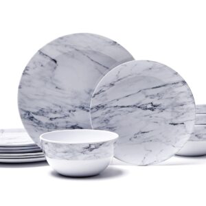 TP 12-Piece Dinnerware Set, Melamine Dishes Set with Bowls and Plates, Non-breakable Lightweight Dinner Service for 4, Marble Pattern