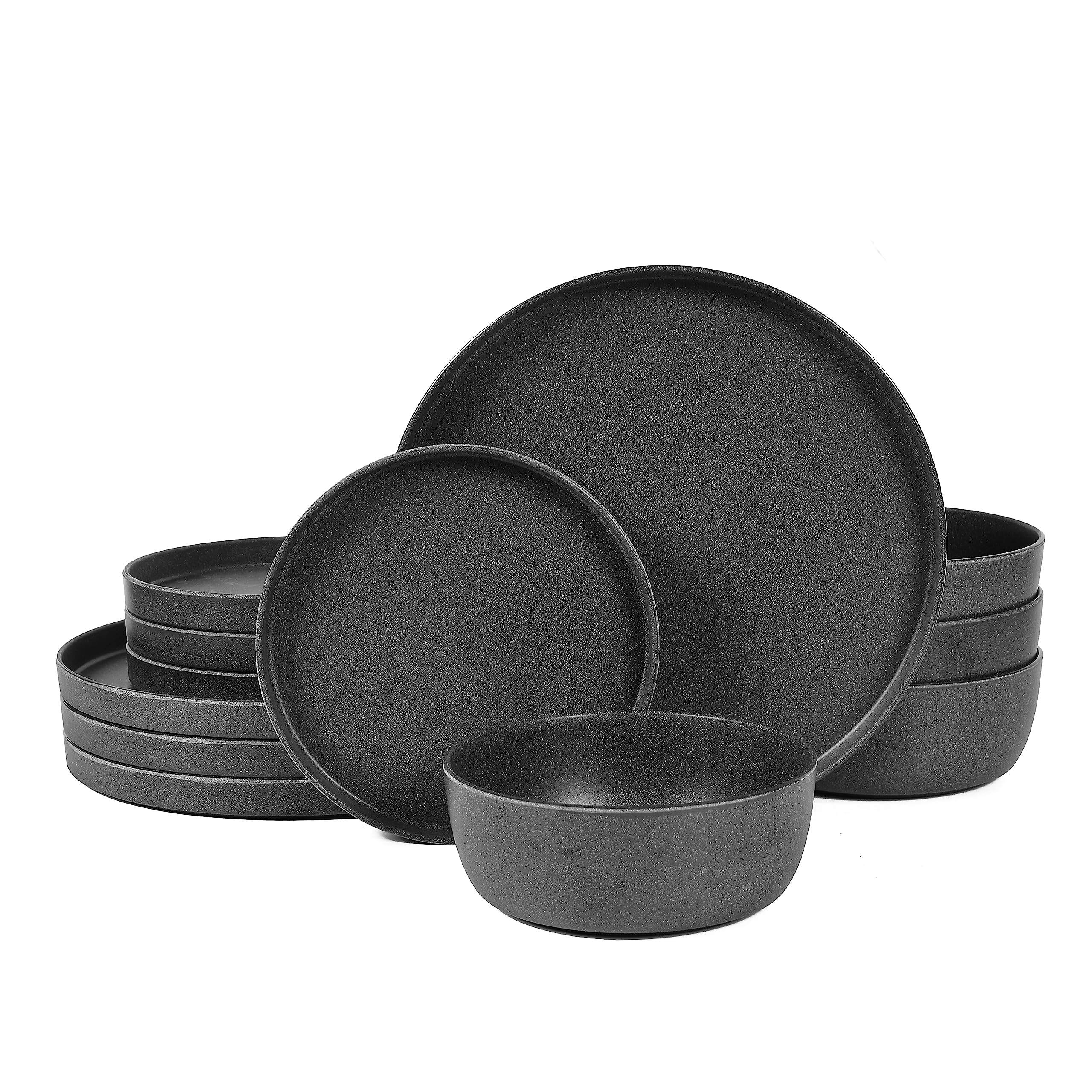 Webbylee Melamine Dinnerware Set - 12pcs Matte Round Plates and Bowls Set Indoor and Outdoor use Summer Camping Dish Set for 4 Dishwasher Safe-Dark Gray