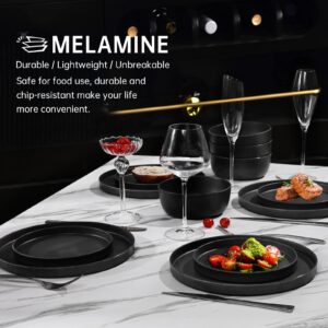 Webbylee Melamine Dinnerware Set - 12pcs Matte Round Plates and Bowls Set Indoor and Outdoor use Summer Camping Dish Set for 4 Dishwasher Safe-Dark Gray