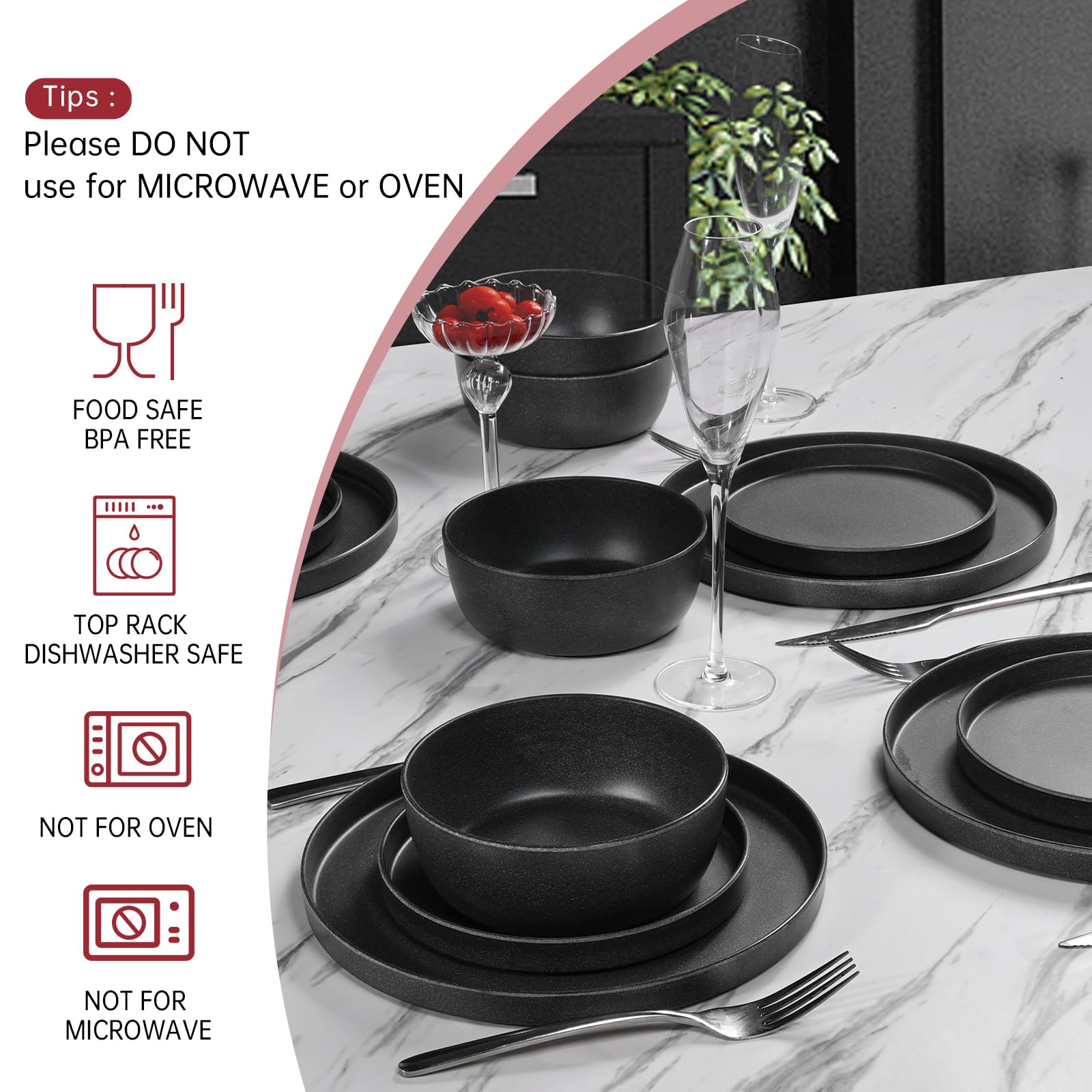 Webbylee Melamine Dinnerware Set - 12pcs Matte Round Plates and Bowls Set Indoor and Outdoor use Summer Camping Dish Set for 4 Dishwasher Safe-Dark Gray