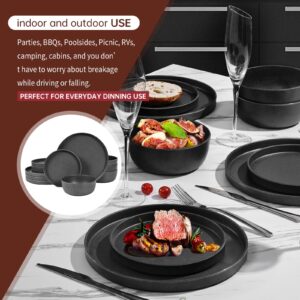 Webbylee Melamine Dinnerware Set - 12pcs Matte Round Plates and Bowls Set Indoor and Outdoor use Summer Camping Dish Set for 4 Dishwasher Safe-Dark Gray