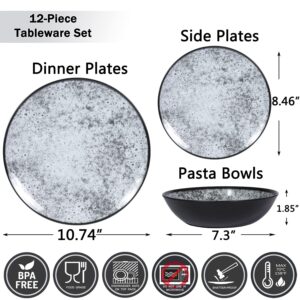 Melamine Dinnerware Set of 12 Pcs-Melamine Plates and Bowls Set for Indoor and Outdoor Use, BPA Free Dishwasher Safe, Lightweight Unbreakable（Glazed Grey）