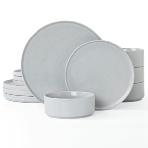 famiware nebula plates and bowls set, 12 pieces dinnerware sets, dishes set for 4, light gray