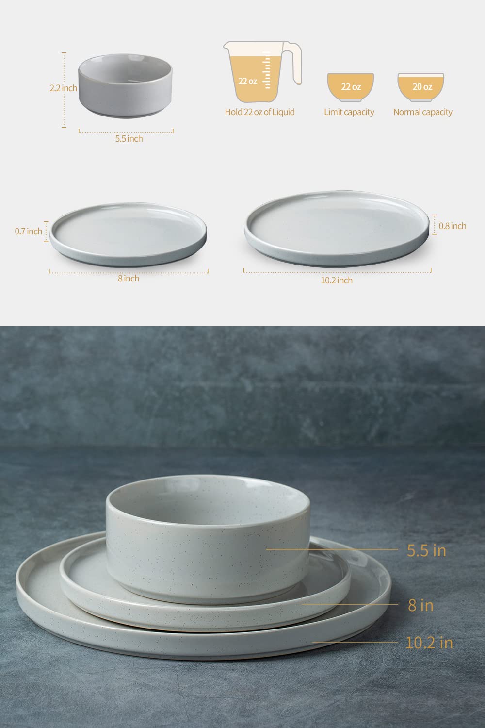 Famiware Nebula Plates and Bowls Set, 12 Pieces Dinnerware Sets, Dishes Set for 4, Light Gray