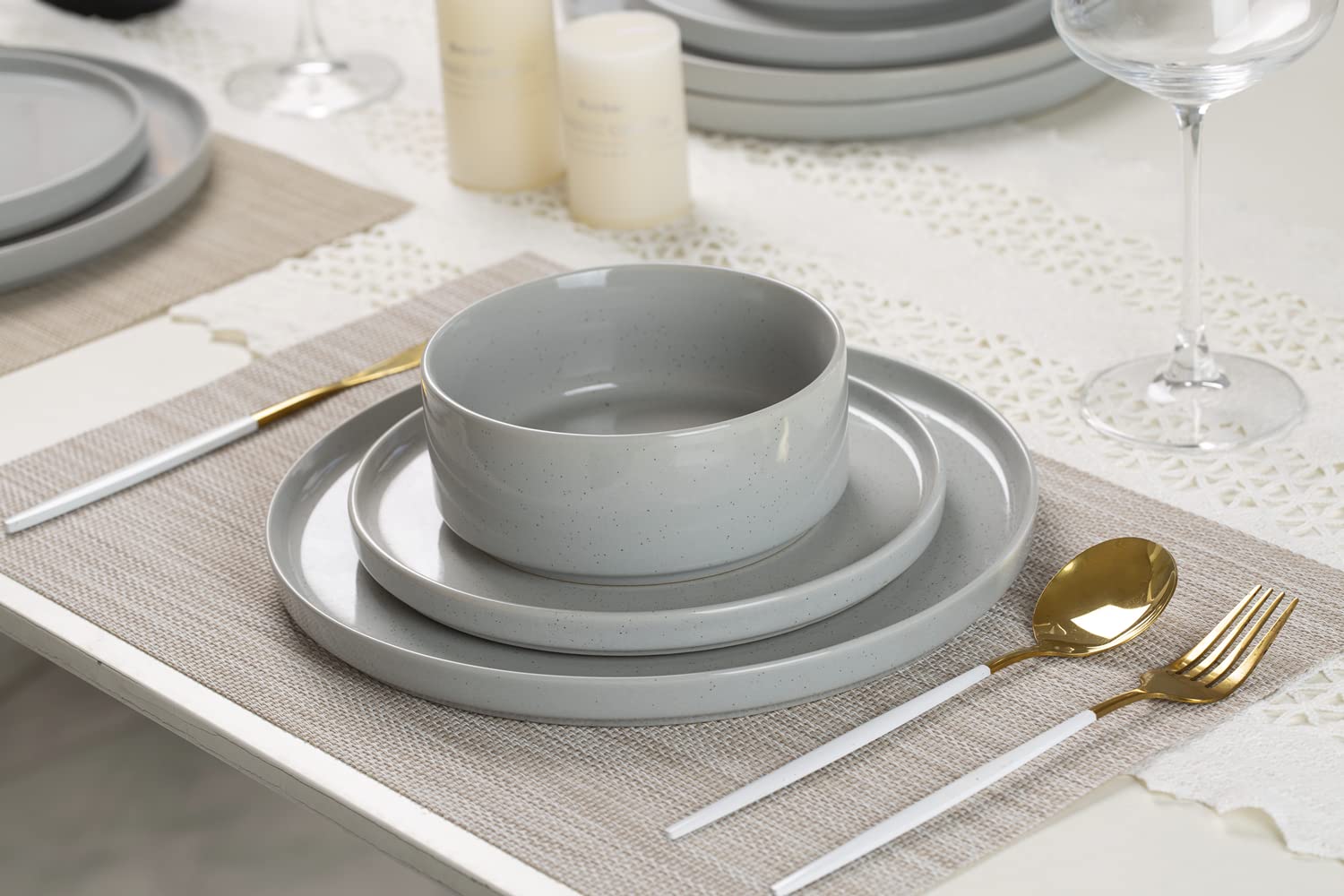 Famiware Nebula Plates and Bowls Set, 12 Pieces Dinnerware Sets, Dishes Set for 4, Light Gray