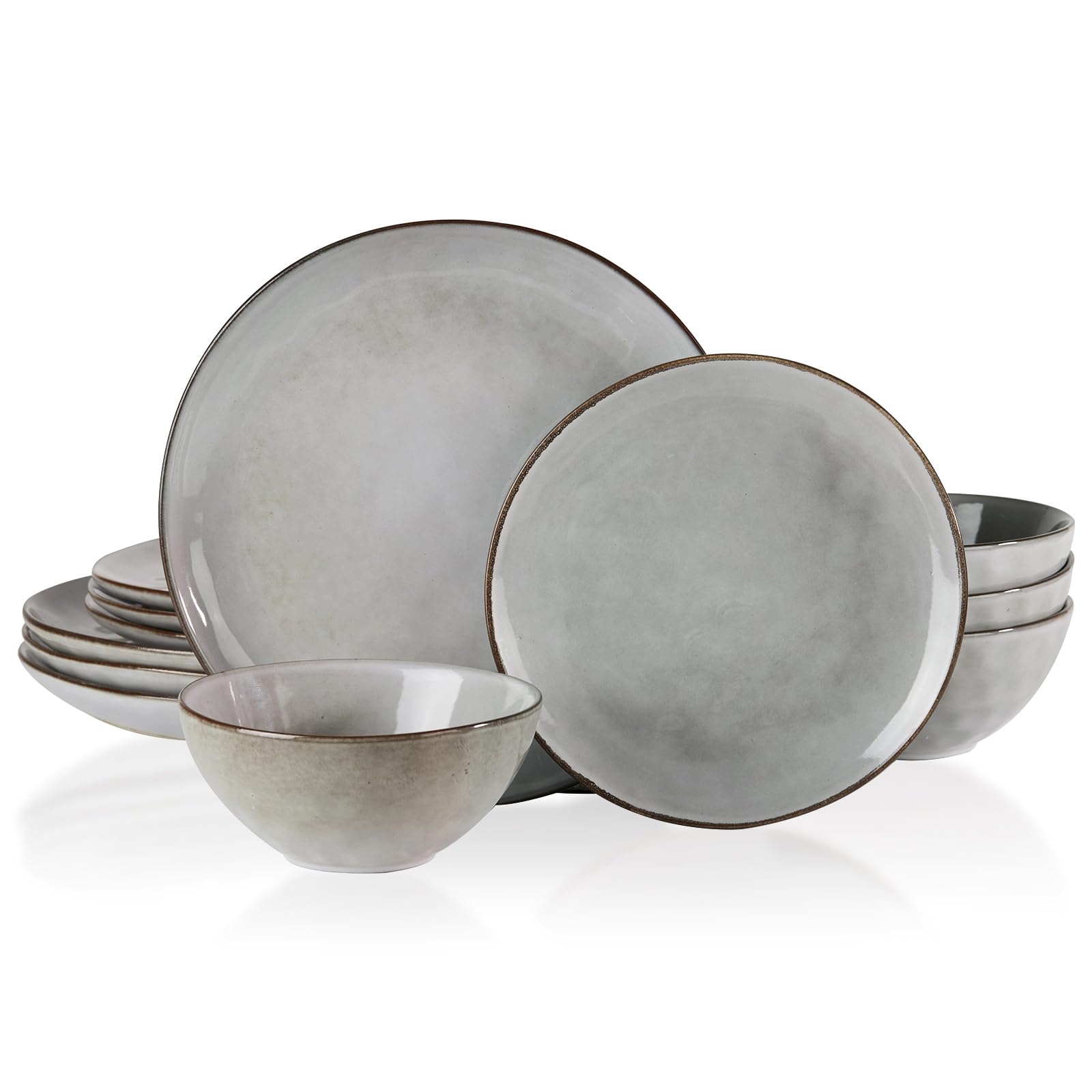 Famiware Dinnerware Sets for 4, Ocean Round 12-Piece Kitchen Plates and Bowls Sets, Reactive Glaze, Microwave and Dishwasher Safe, Scratch Resistant, Grey