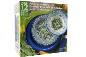 melamine 12 piece dinnerware set (blue & green) - suitable indoors and outdoors