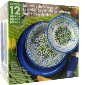 Melamine 12 Piece Dinnerware Set (Blue & Green) - Suitable Indoors and Outdoors