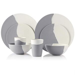 MORGIANA 8 pcs Bamboo Dinnerware Set Reusable Plates Bowls Sets, Camping Picnic Dishes Tableware Set for 2 (Gray & White)