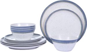 melamine dinnerware set - 12pcs dinnerware set indoor and outdoor use, plates and bowls set for 4, two-color design dishes, dishwasher safe (grey side)