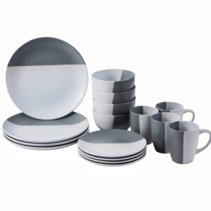 Lerinseu Round Dinnerware Set, 16 Piece Dishes set with 4-Piece Dinner Plates, Dessert Plate,Bowls and Mugs, Plate and Bowls set,Service for 4,Safety for Microwave & Dishwasher（Grey white）