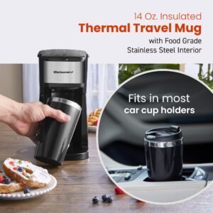 Elite Gourmet EHC114 Personal Single-Serve Compact Coffee Maker Brewer Includes 14Oz. Thermal Travel Mug with Stainless Steel Interior, Compatible with Coffee Grounds, Reusable Filter, Black