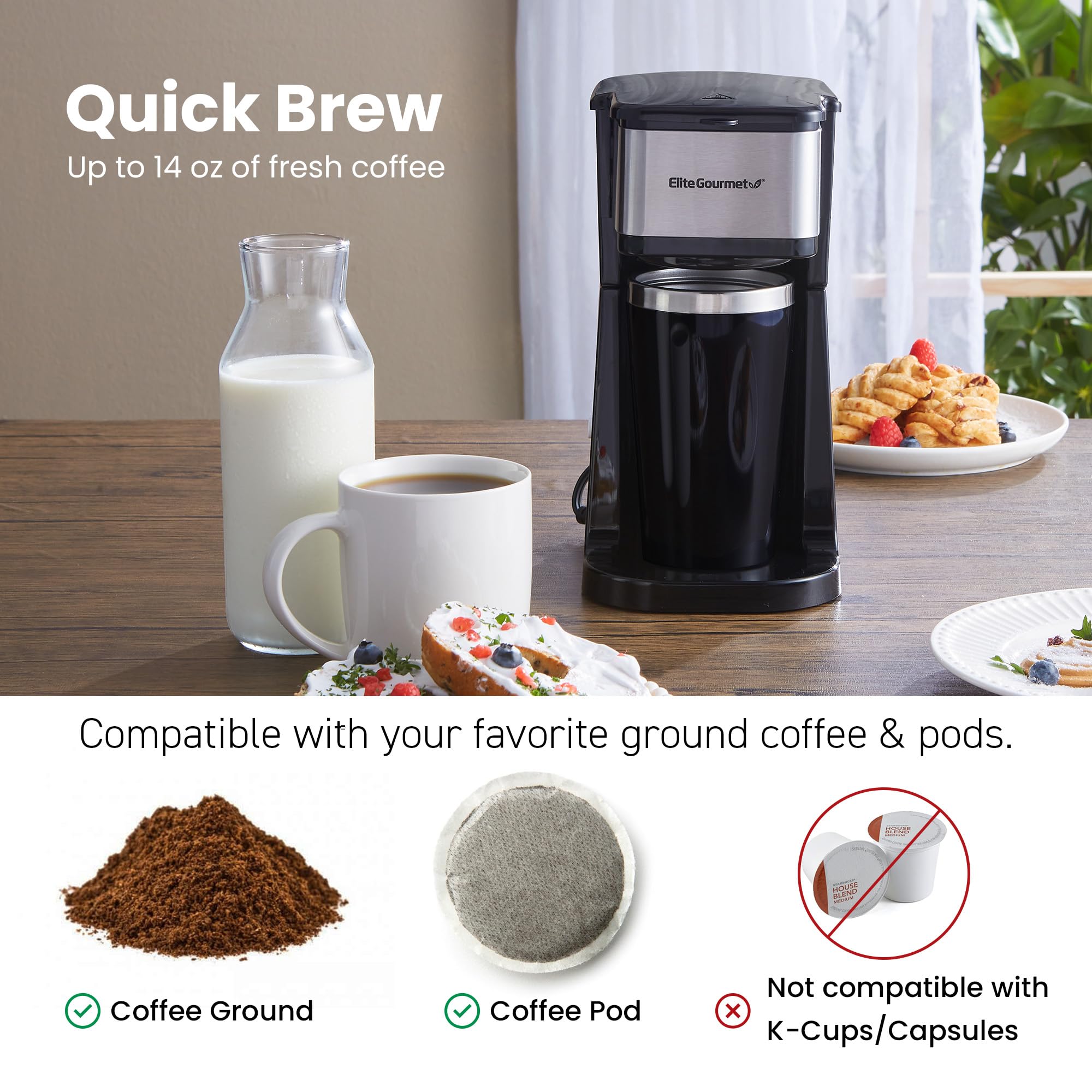 Elite Gourmet EHC114 Personal Single-Serve Compact Coffee Maker Brewer Includes 14Oz. Thermal Travel Mug with Stainless Steel Interior, Compatible with Coffee Grounds, Reusable Filter, Black