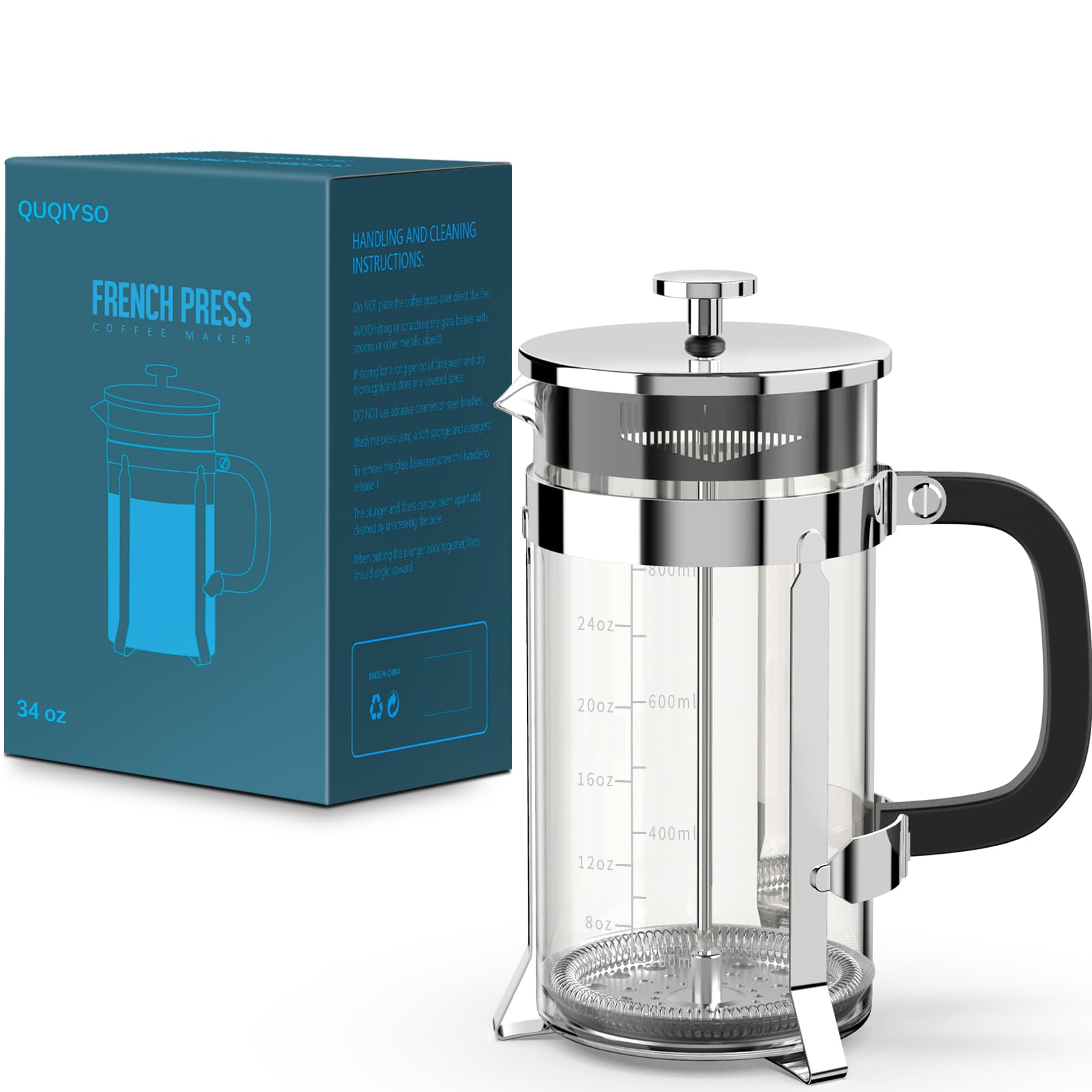 QUQIYSO French Press Coffee Maker 34oz 304 Stainless Steel French Press with 4 Filter, Heat Resistant Durable, Easy to Clean, Borosilicate Glass Coffee Press, 100% BPA Free Glass Teapot, Silver