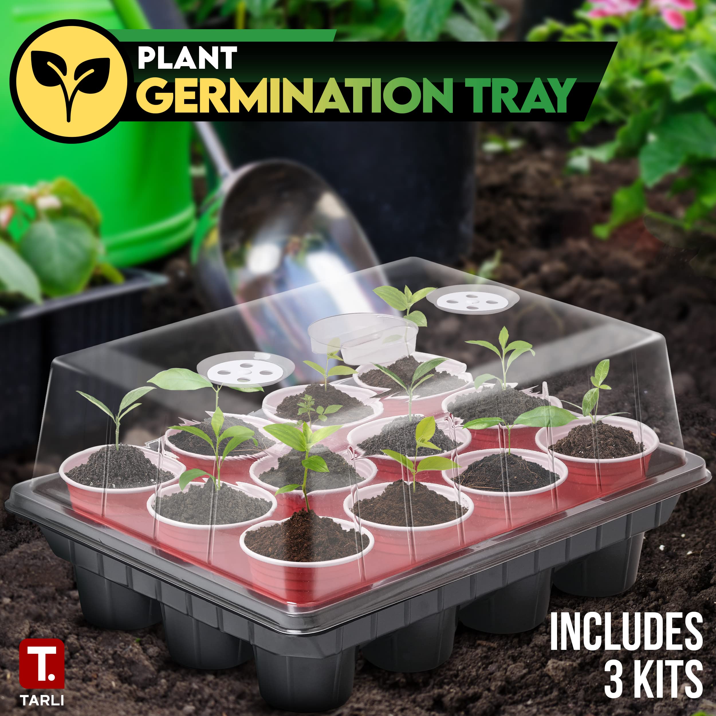 Tarli Pack of 5 Plant Germination Kit - 4" Dome Closure Seed Starter Tray, 2 Adjustable Vents Attached Cloning Tray, 12 Cells That Fit 12 Oz Cups, Suitable for Large Seeds