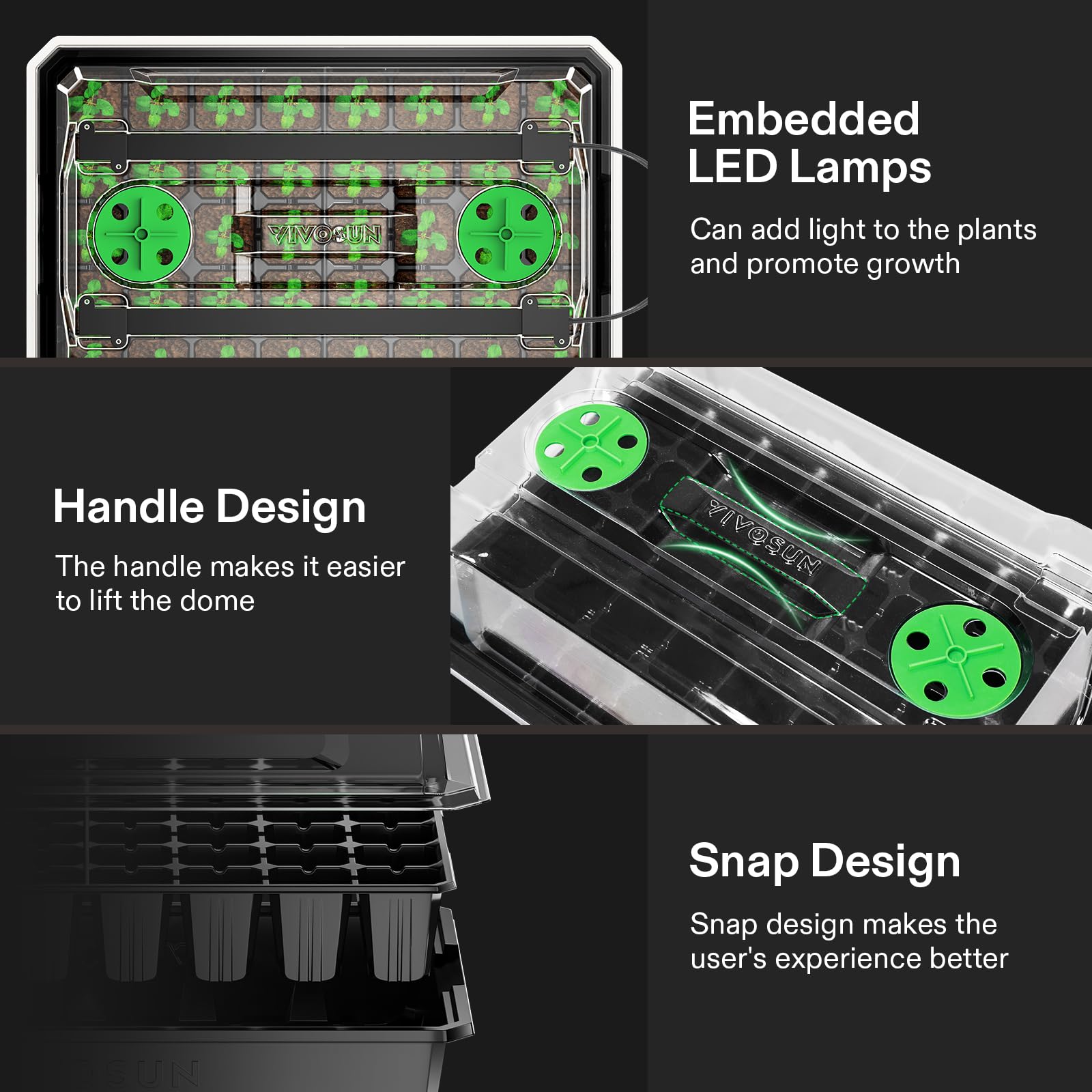 VIVOSUN 1-Pack 40-Cell Seed Starter Trays with 1 Set of LED Lights and 10"x20.75" Seedling Heat Mat, 3.6" Higher Cover, Adjustable Vents, Drainage Holes, Green Propagation Tray for Planting Seeds