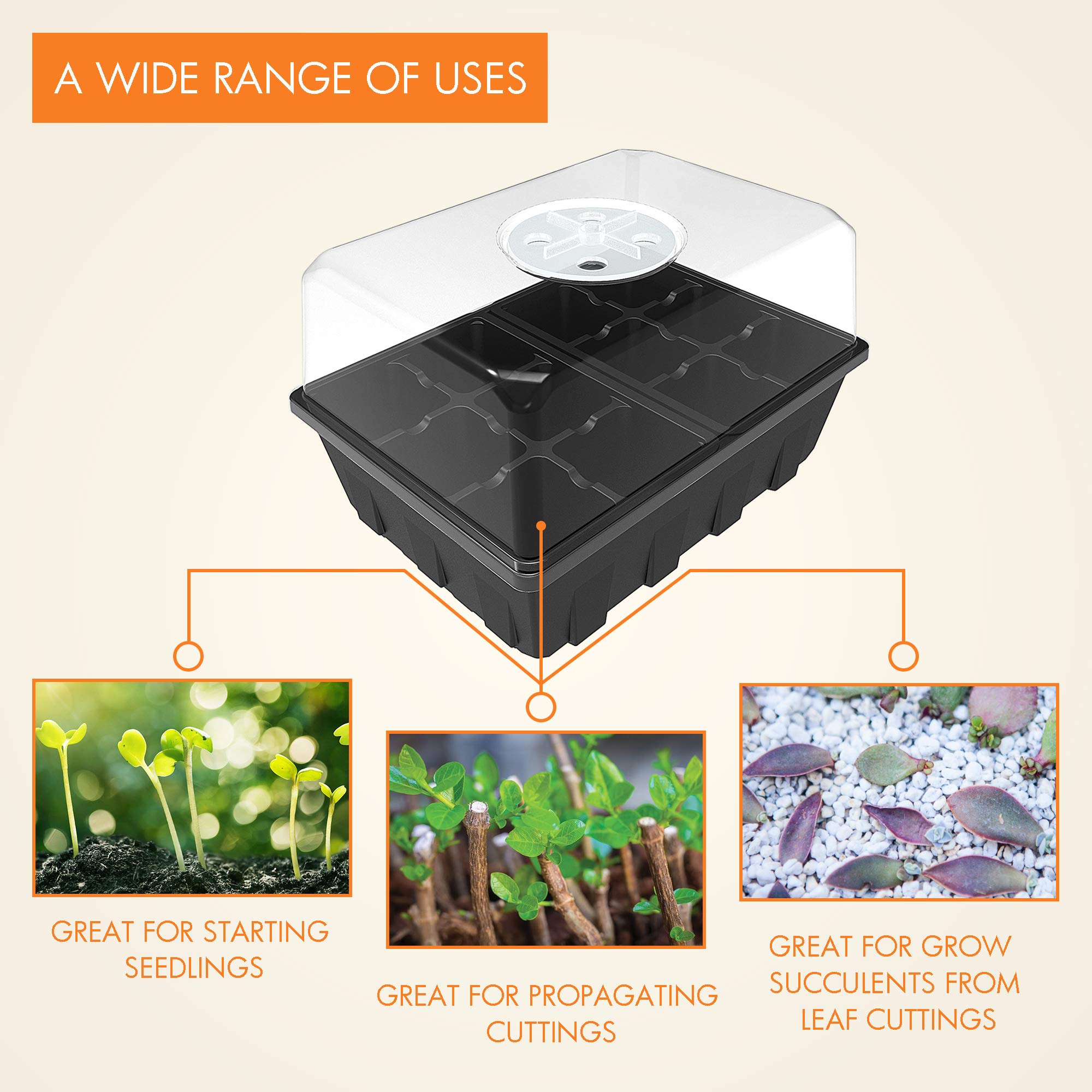 Gardzen 10-Set Garden Propagator Set, Clear Seed Tray Kits with 120-Cell, Seed Starter Tray with Dome and Base 6.6" x 4.5" (12-Cell Per Tray)