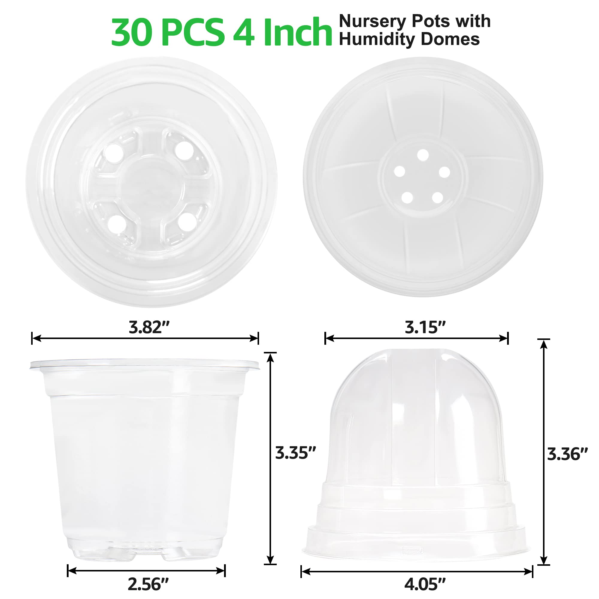 Bonviee 30 Sets Plant Nursery Pots with Humidity Domes, 4 Inch Clear Nursery Pots (30 Pots + 30 Clear Lids), Seed Starter Pots Small Planter Containers with Drain Holes with 10 Plant Labels- Clear