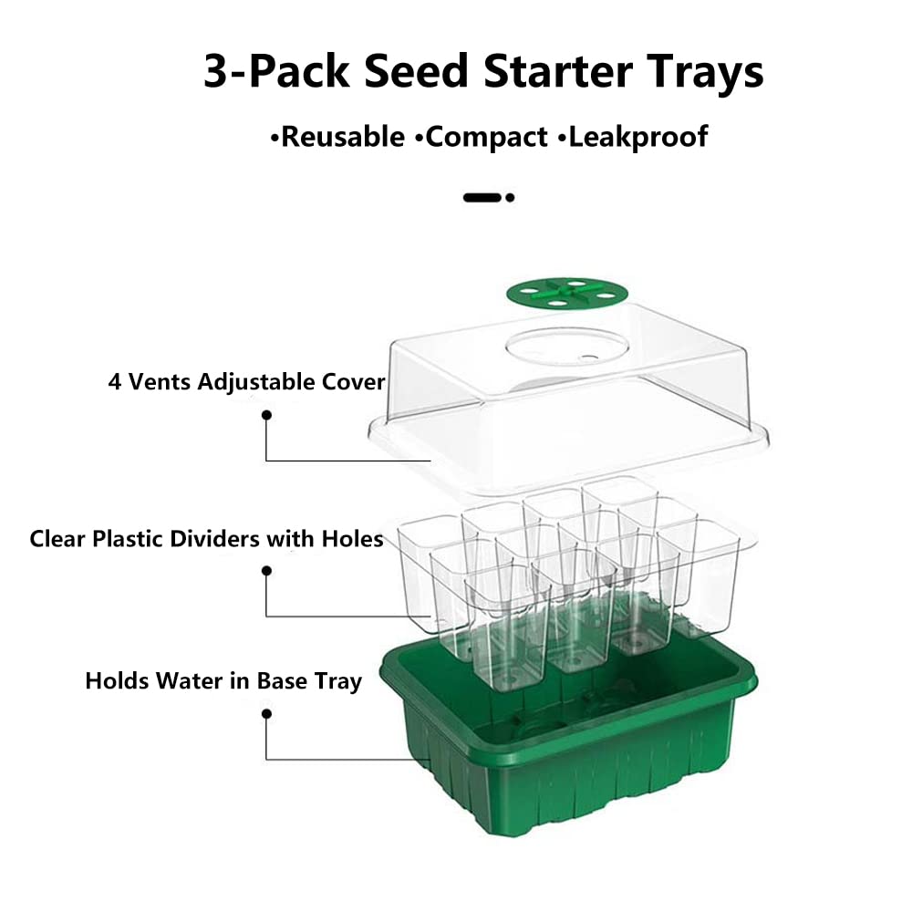 BESSLEE 3 Pack Seed Starter Tray with Humidity Dome and Base (36 Cells Total), Plant Germination Kit for Seeds Growing Starting, Mini Seedling Propagator Small Greenhouse, Reusable Garden Supplies