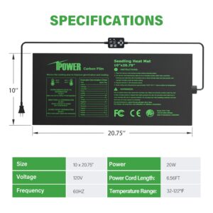 iPower Seedling Heat Mat for Plants with Dual Temperature, Black, 10" x 20.75"&Digital Controller