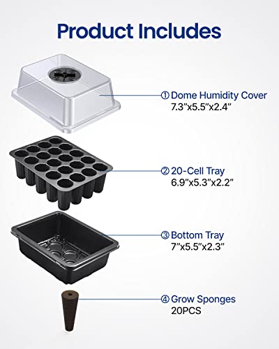 iDOO Seed Starter Tray with Grow Sponges, 20 Cells Reusable Seed Starter Kit with Humidity Dome, Base Mini Greenhouse Germination Kit for Seeds Growing Starting