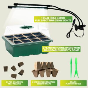 LightlyBloom LED Grow Lights Seed Starter Kit - Complete Indoor Seed Germination Kit | Dual Head Grow Lights, Degradable Seed Starting Trays, Humidity Bio Dome Container, Charcoal Peat Pellets & Tools