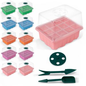 trendily inspired 10 pack seed starter kit with humidity dome, 120 cell germination kit, reusable plant sprouting trays, 10 colorful growing kits greenhouse (5 colors)