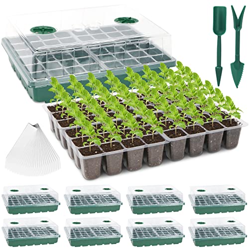 HOXHA 8 Pack Seed Starter Tray Kit, 384 Cell Indoor Seedling Starting Trays with Humidity Dome Base Mini Greenhouse Plant Germination Set for Seeds Growing, 8 Pack 48 Cell