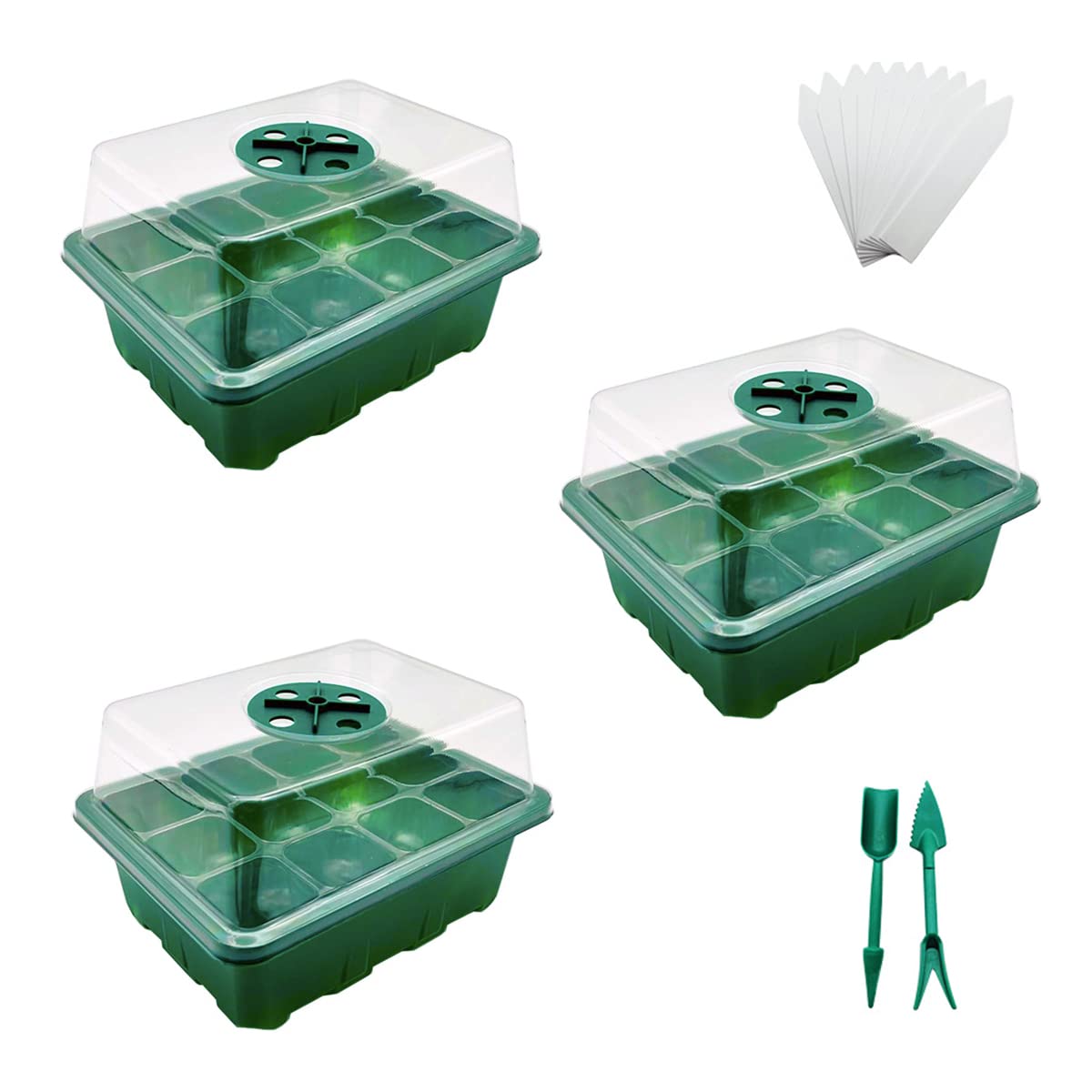 Springen 3 Packs Seed Starter Tray Seedling Starter Kits, Humidity Adjustable Plant Starter Kit with Dome and Base (12 Cells Per Tray, Green)