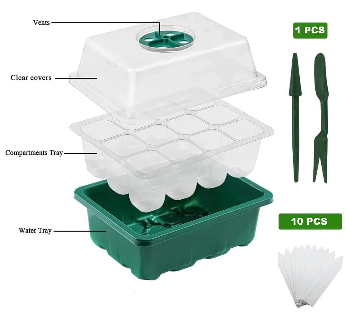 Springen 3 Packs Seed Starter Tray Seedling Starter Kits, Humidity Adjustable Plant Starter Kit with Dome and Base (12 Cells Per Tray, Green)