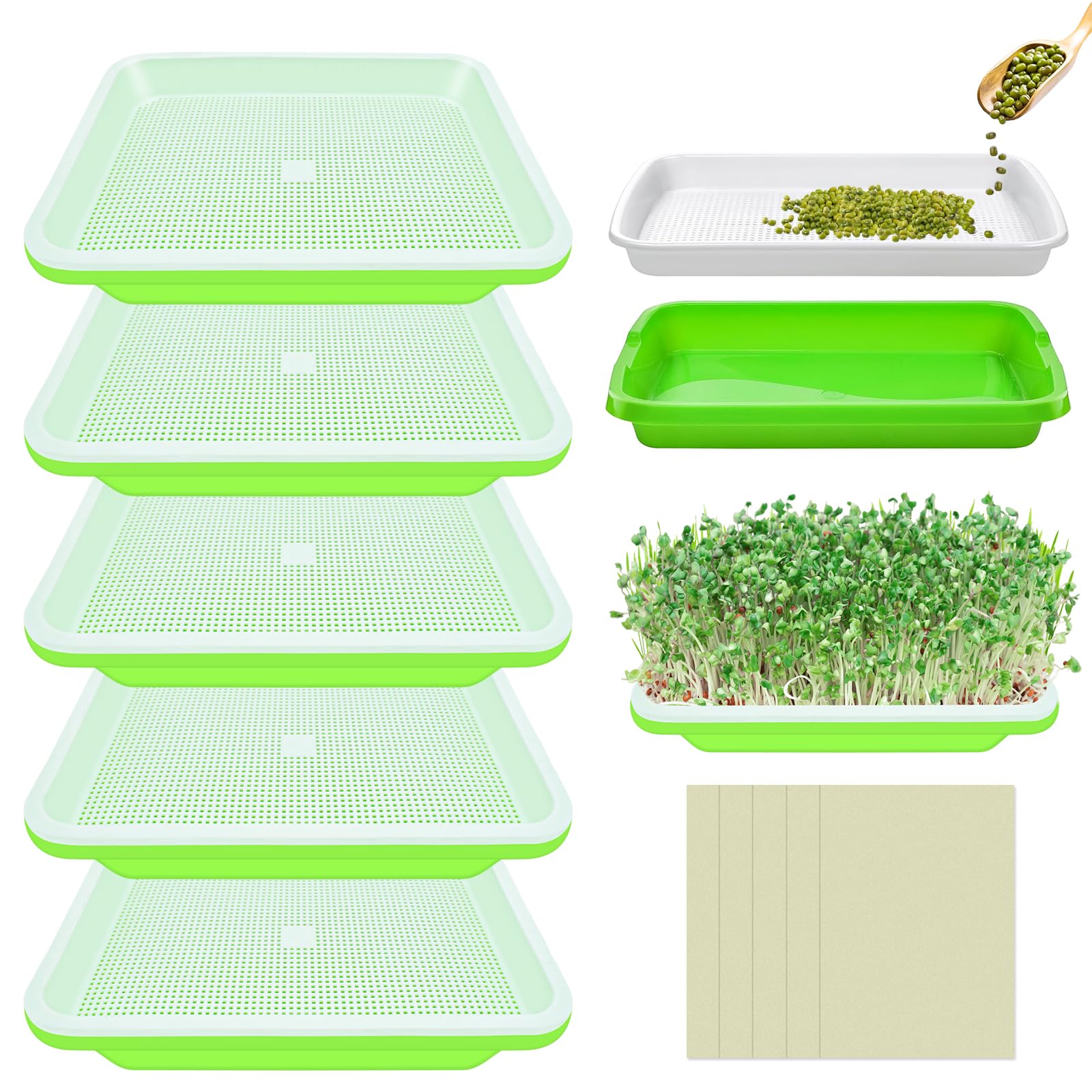 Legigo 5 Pack Seed Sprouter Trays- Soil-Free Cultivation Germination Tray, BPA Free Micro Greens Growing Trays Seed Sprouting Trays Kit with Germinating Paper for Healthy Wheatgrass, Beans and More