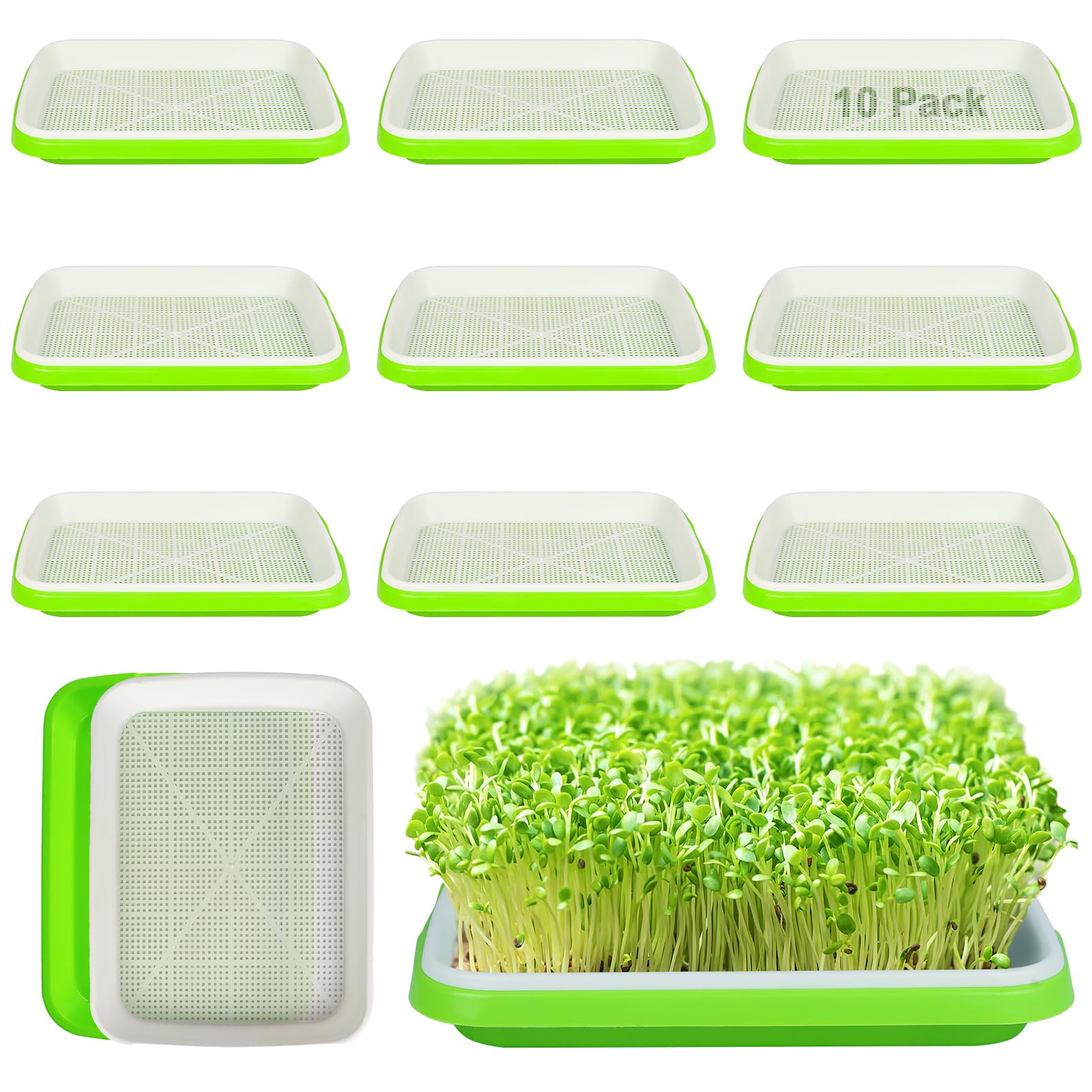 SDLDEER Seed Sprouting Tray, 10 Packs Microgreens Growing Trays Big Capacity Sprouts Growing Kit Soil-Free Sprouter Tray for Sprouting Seeds, Beans, Wheatgrass (without Lids)