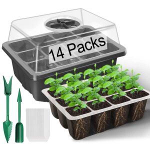 14 Packs Seed Starter Tray, 168 Cells Total Tray, Seed Starting Kit with Adjustable Humidity Dome and Base Plant Starter Kit Mini Greenhouse Germination Kit with 2 Garden Tools and 20 Plant Labels