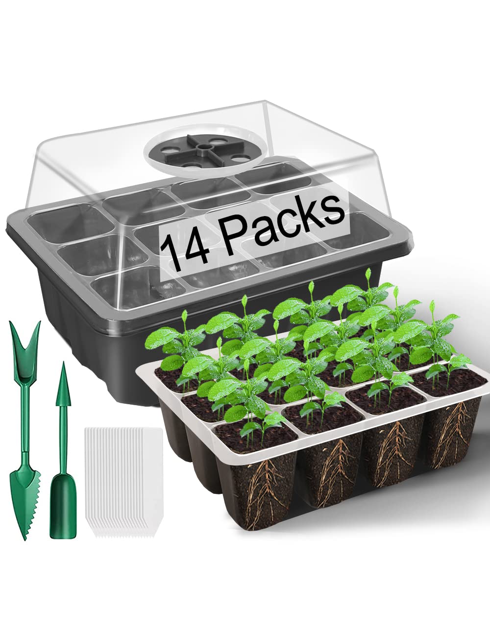 14 Packs Seed Starter Tray, 168 Cells Total Tray, Seed Starting Kit with Adjustable Humidity Dome and Base Plant Starter Kit Mini Greenhouse Germination Kit with 2 Garden Tools and 20 Plant Labels