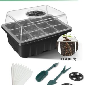 14 Packs Seed Starter Tray, 168 Cells Total Tray, Seed Starting Kit with Adjustable Humidity Dome and Base Plant Starter Kit Mini Greenhouse Germination Kit with 2 Garden Tools and 20 Plant Labels