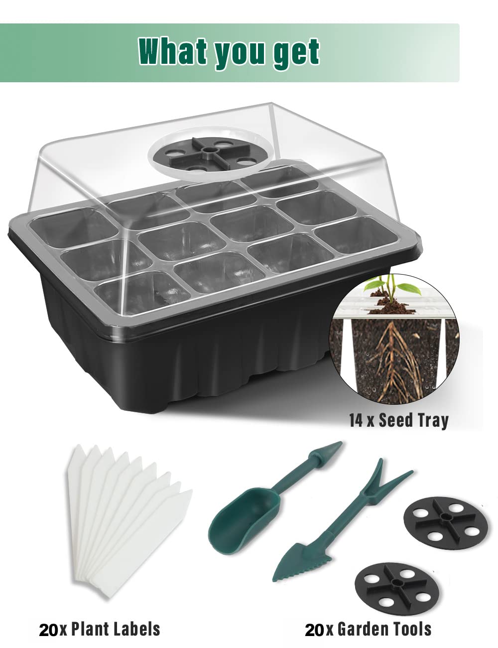 14 Packs Seed Starter Tray, 168 Cells Total Tray, Seed Starting Kit with Adjustable Humidity Dome and Base Plant Starter Kit Mini Greenhouse Germination Kit with 2 Garden Tools and 20 Plant Labels