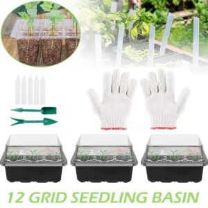 DAPANGYOUNG 3 Pack Seed Starter Tray Kit fo Glove Plant with Adjustable Humidity Dome and Base Trays Seedling for Germination Growing, Greenhouse Grow (12 Cells per Tray) (Black), 7 x 5.5 2 inches