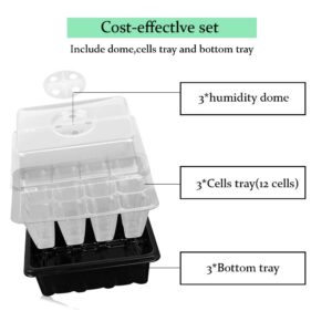 DAPANGYOUNG 3 Pack Seed Starter Tray Kit fo Glove Plant with Adjustable Humidity Dome and Base Trays Seedling for Germination Growing, Greenhouse Grow (12 Cells per Tray) (Black), 7 x 5.5 2 inches