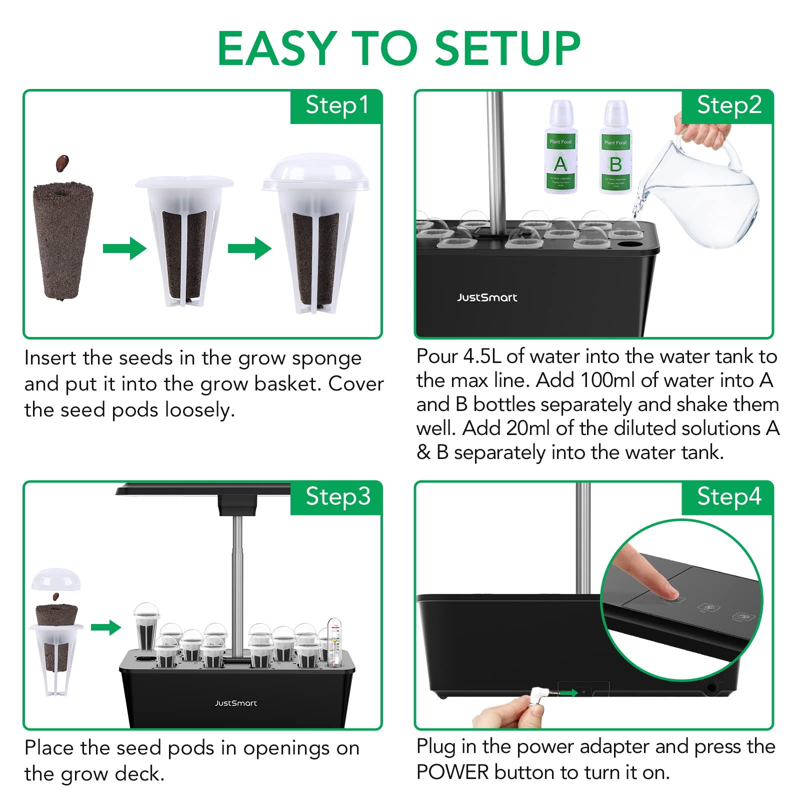 JustSmart Seed Pods Kit for IGS-20SE, Hydroponic Growing Kit, Grow Anything Kit with 12 pcs Grow Sponges, Grow Baskets, Grow Domes, and 1 Set of A&B Solid nutrients