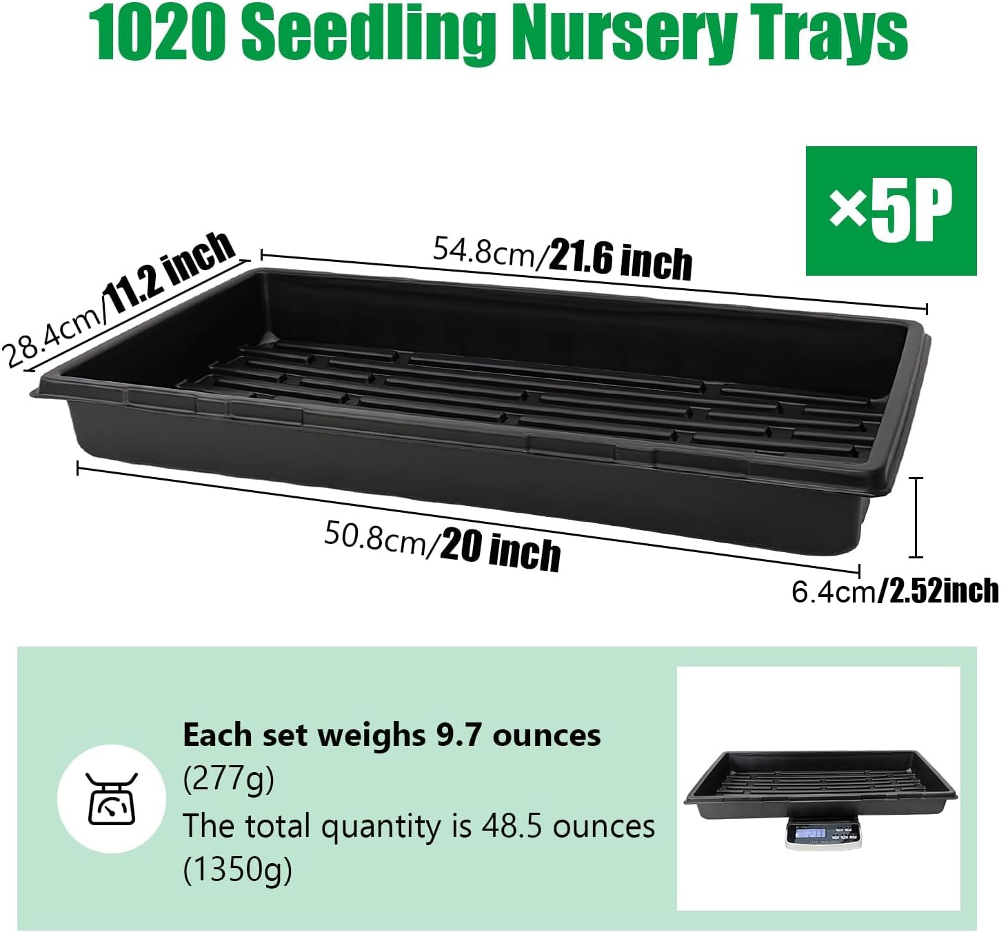 RooTrimmer Plant Growing Nursery, Standard 1020 Trays Plastic Sturdy Farmer Self Seedling Tray for Microgreens Indoor Nursery Pots Transplantation (5-Pack, 21.6"×11.2", 2.52" Deep, no Holes)