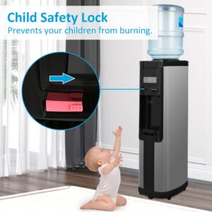 E-Macht Top Loading Water Cooler Dispenser for 3 & 5 Gallon Water Bottles, Hot & Cold Water, Child Safety Lock, Stainless Steel, ETL Approved, Black