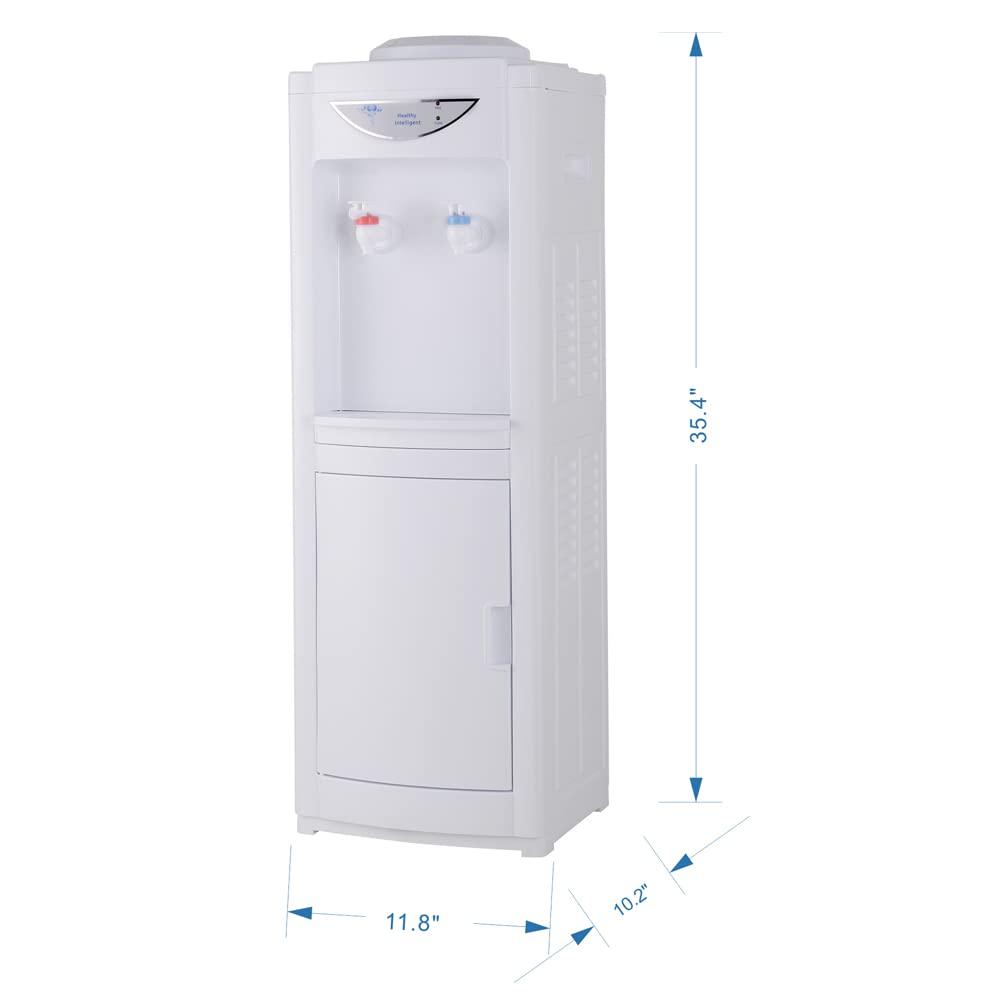 Water Cooler Dispenser 5 Gallon, Cold & Hot Water Cooler Dispenser Top-Loading Water Cooler 5 Gallon Children Safety Water Dispenser with Removable Drip Tray & Storage Cabinet for Home Office (White)