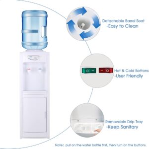 Water Cooler Dispenser 5 Gallon, Cold & Hot Water Cooler Dispenser Top-Loading Water Cooler 5 Gallon Children Safety Water Dispenser with Removable Drip Tray & Storage Cabinet for Home Office (White)