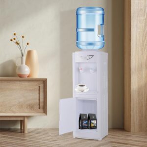 Water Cooler Dispenser 5 Gallon, Cold & Hot Water Cooler Dispenser Top-Loading Water Cooler 5 Gallon Children Safety Water Dispenser with Removable Drip Tray & Storage Cabinet for Home Office (White)