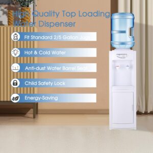 Water Cooler Dispenser 5 Gallon, Cold & Hot Water Cooler Dispenser Top-Loading Water Cooler 5 Gallon Children Safety Water Dispenser with Removable Drip Tray & Storage Cabinet for Home Office (White)