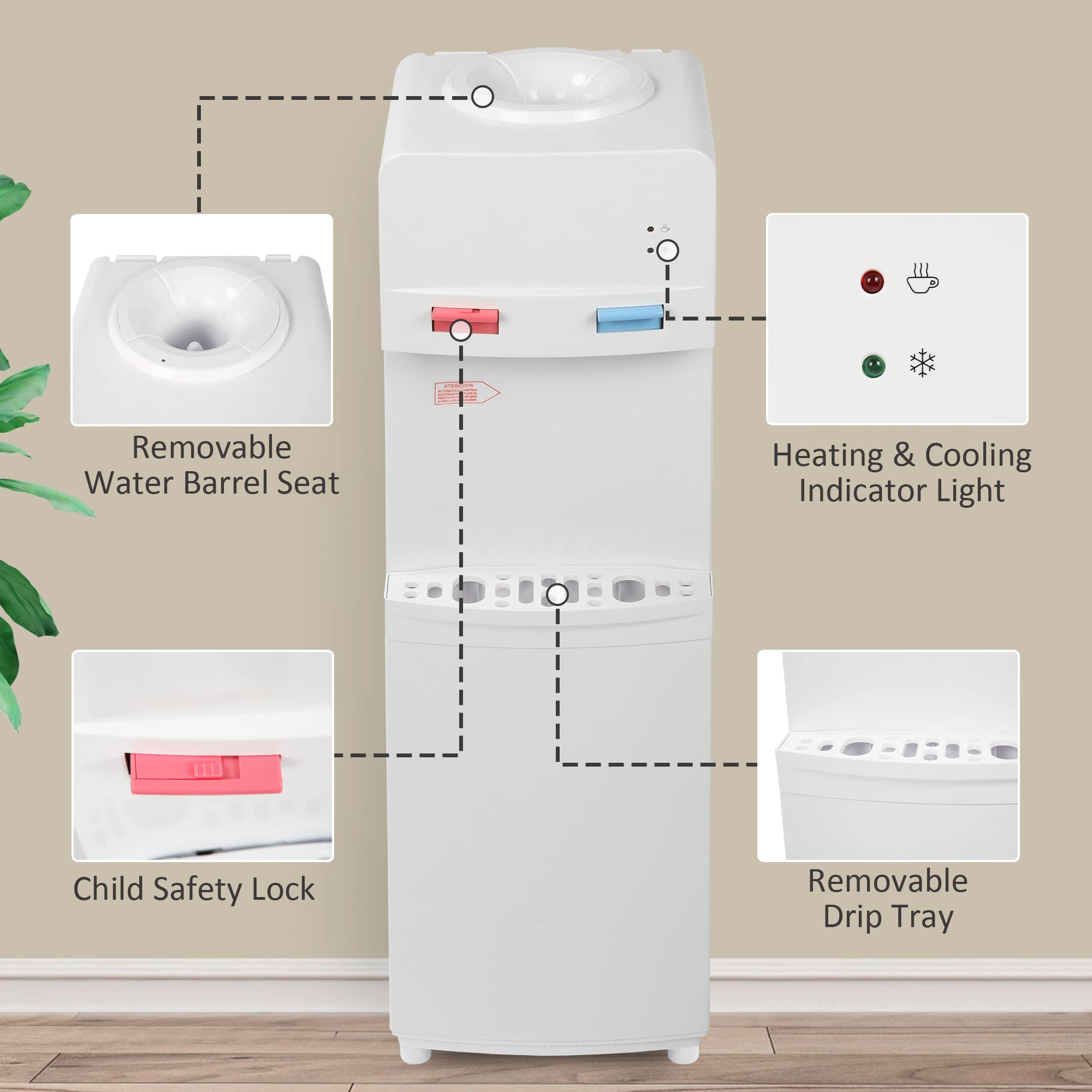 Top Loading Water Cooler Dispenser for 3 & 5 Gallon Water Bottles, Hot & Cold Water, Child Safety Lock, Stainless Steel, ETL Approved, White