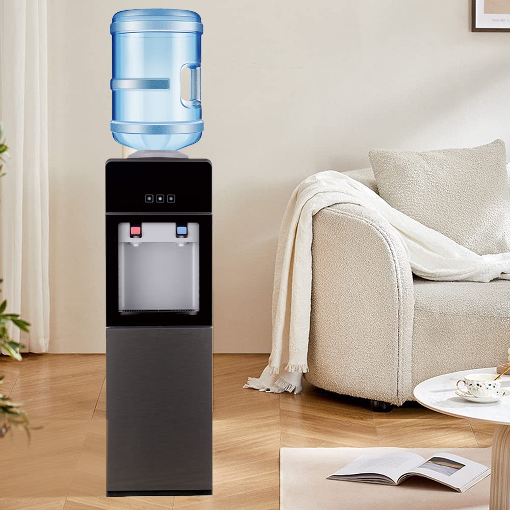 Water Cooler Dispenser 5 Gallon, Top-Loading Hot & Cold Water Cooler for 3 & 5 Gallon Bottles Water Dispenser with Storage Cabinet for Home Office School (Electronic Cooling)