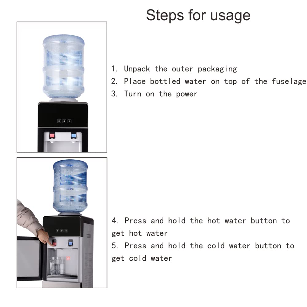 Top Loading Water Cooler Dispenser, Hot and Cold Water Cooler Dispenser, Holds 3 & 5 Gallon Bottles, Removable Drip Tray & Storage Cabinet Perfect for Homes Offices Living Room Kitchen(Black)