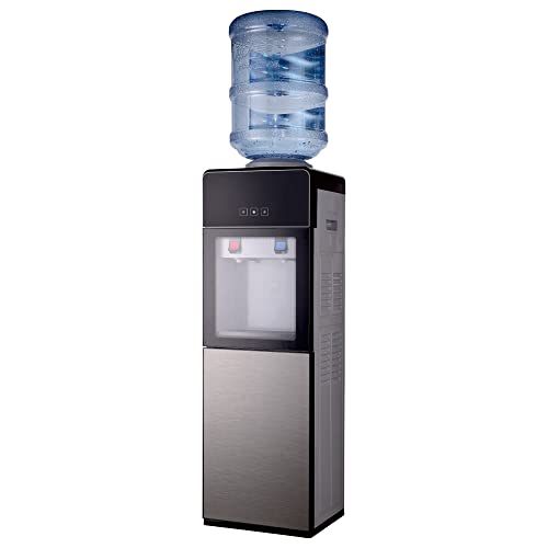 Water Cooler Dispenser Top Loading, Water Dispenser for 5 Gallon Bottle Hot & Cold Water Cooler Dispenser, Compressor Cooling, Water Cooler for Indoor Home Office Use with Storage Cabinet, Gray